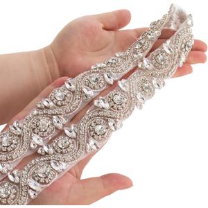 ShiDianYi Wedding Rhinestones Pearls Trim, 1 Yard Long Silver Rhinetones for Dress, Bridal Applique, Crystal Beaded Applique