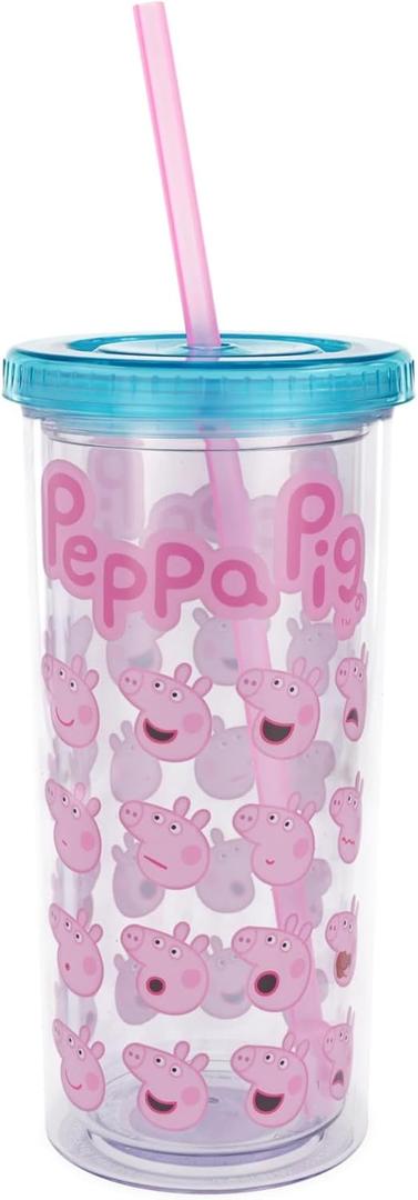 Silver Buffalo Peppa Pig Plastic Tall Cold Cup with Lid and Straw, 20 Ounces (Multicolor)
