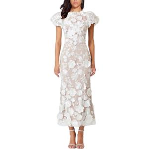 Women's 3D Floral Embroidery Dress Ruffle Sleeve Fishtail Lace Bodycon Party Cocktail Mini Dress (Large, White)