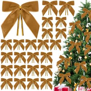 2 x 24 Pcs Khaki Small Velvet Christmas Bows for Christmas Tree, Velvet Ribbon Bows Twist Tie Bows with Clip for Wreath, Gift Wrapping, Crafts, Door Garland Decor, Home Decor 1" W,3.5 x 3.5 inch