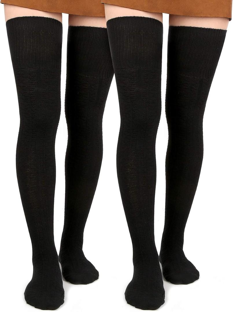 Moon Wood Women Thigh High Socks Extra Long Cotton Knit Warm Thick Tall Long Boot Stockings Leg Warmers (One Size, 2 Pack Black)