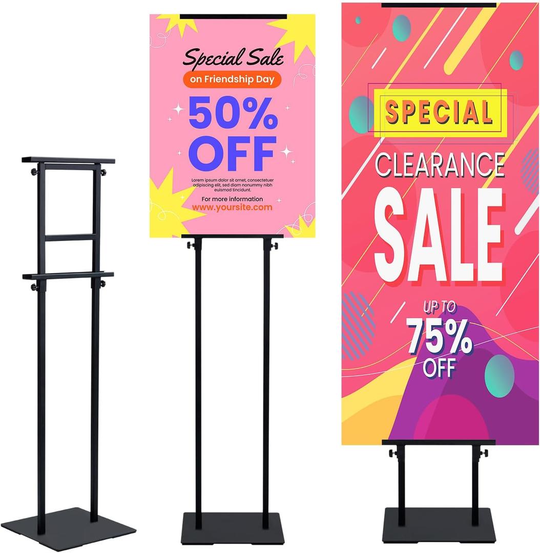 Eocnrhe Heavy Duty Banner Stand with Non-slip Mat Base, Adjustable Pedestal Poster Stand Up to 82 inches, Double Side Show Sign Stand, Connected Show Floor Standing Sign holder for Outdoor Display