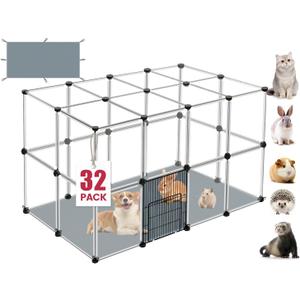 32 Panels Small Animal Playpen, 48" x 32" x 24" Transparent Playpen with Waterproof Mat, Plastic Enclosure, Puppy Play Pen for Chicken, Pet Fence for Guinea Pigs, Bunny, Ferrets, Hamsters, Hedgehogs Indoor