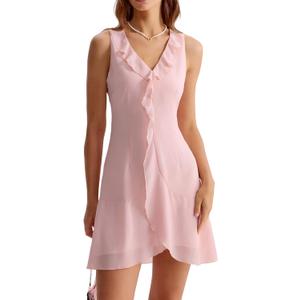 RIHOAS Womens Sleeveless Dress Elegant Mesh Ruffles Sexy V Neck Bodycon Mini Dress Party Fitted Cocktail Mini Dresses (Pink, XS)