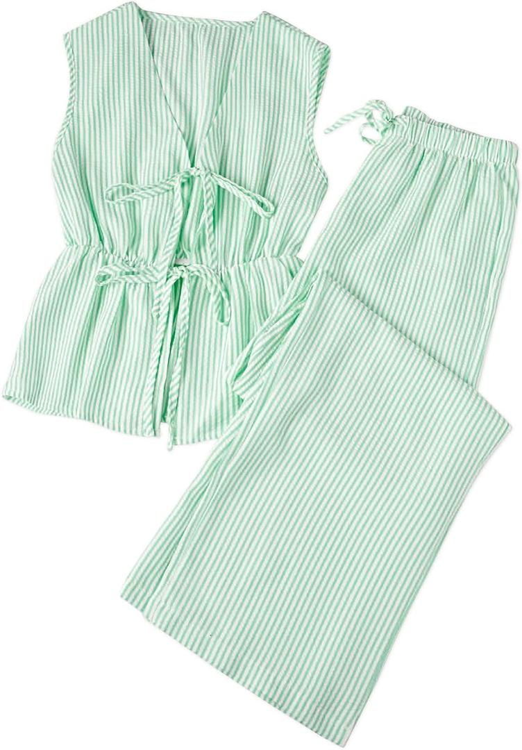 Women's Striped 2 Piece Set Tie Front Peplum Tank Tops and Wide Leg Pants Sets Blue Medium (Green, M)