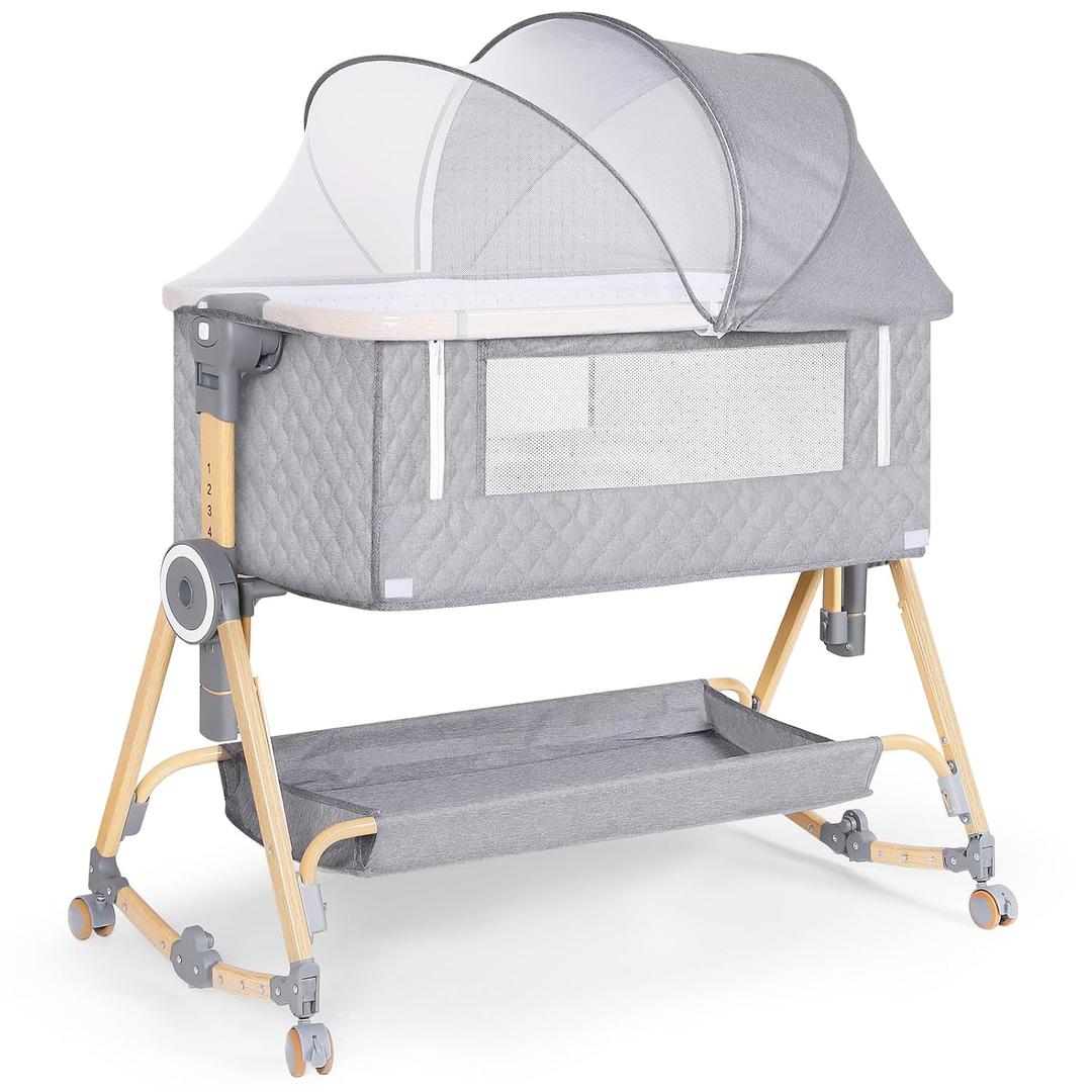 Baby Bassinet 5 in 1,Baby Bedside Bassinet with Diaper Changer, Mosquito Net, Mattress, Storage Layer, Can Be Stored in One Button Travel Crib (Gray)