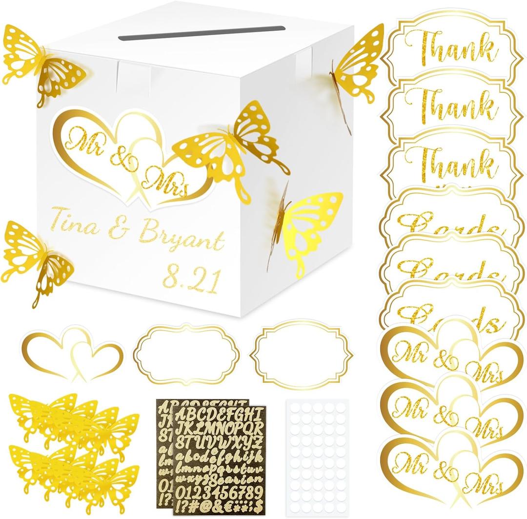 Resurhang White Wedding Card Box - 10x10 Inch DIY Large Box Slot with Cards Stickers Gold Butterfly Decors, Alphabet Stickers for Wedding, Graduation Party Reception, Birthday, Baby Shower, Raffle