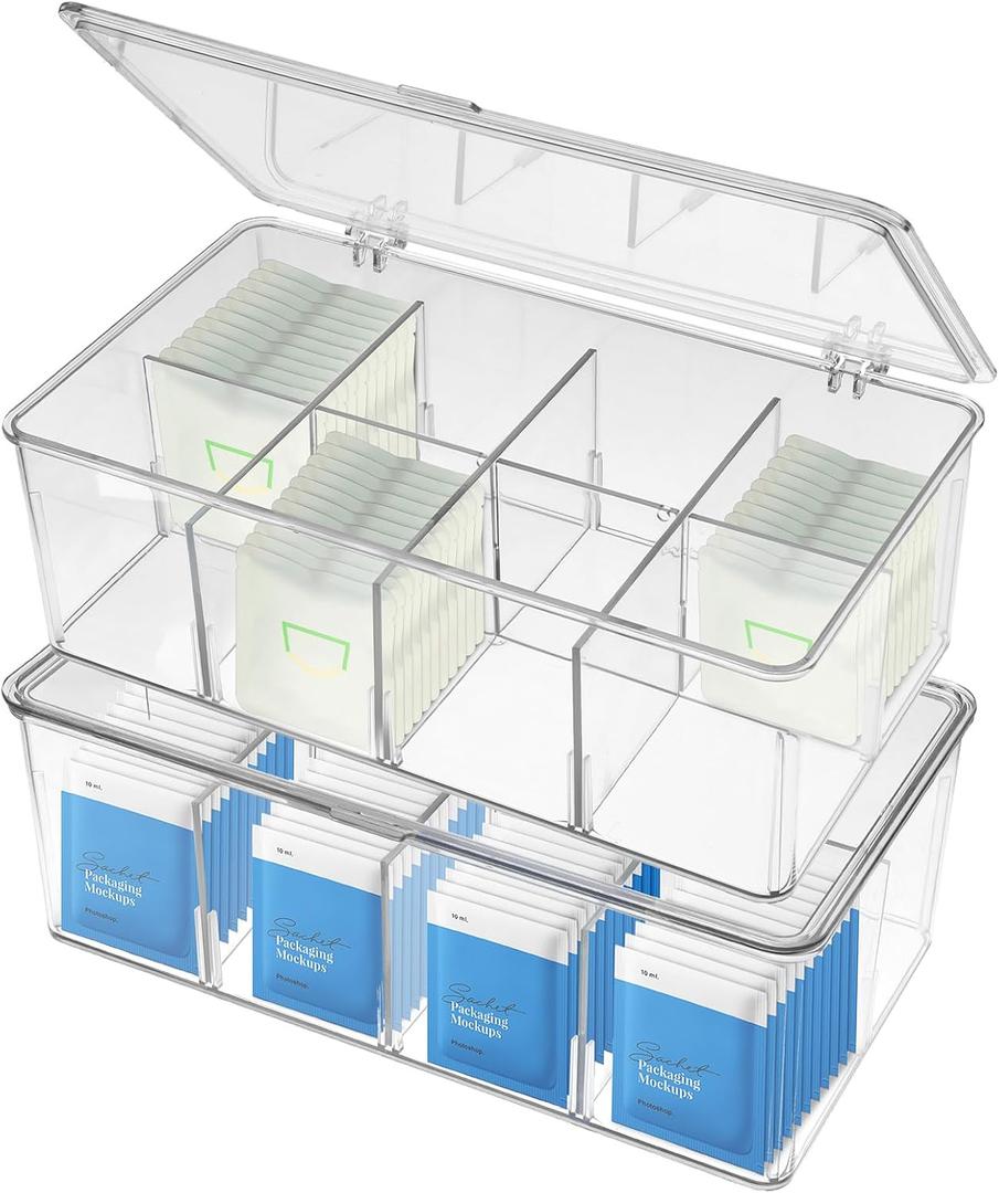 Modern Transparent 2-Pack Tea Storage Organizer with 8 Compartments & Lid, Tea-Bag Box Organizer, 10.8x6.5x3.7"