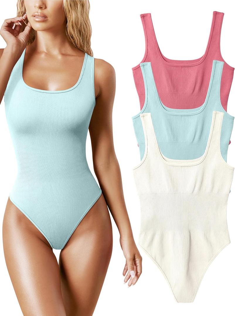 OQQ Women's 3 Piece Bodysuits Sexy Ribbed Sleeveless Square Neck Tank Tops Leotard 2025 Trendy Outfits (Large)