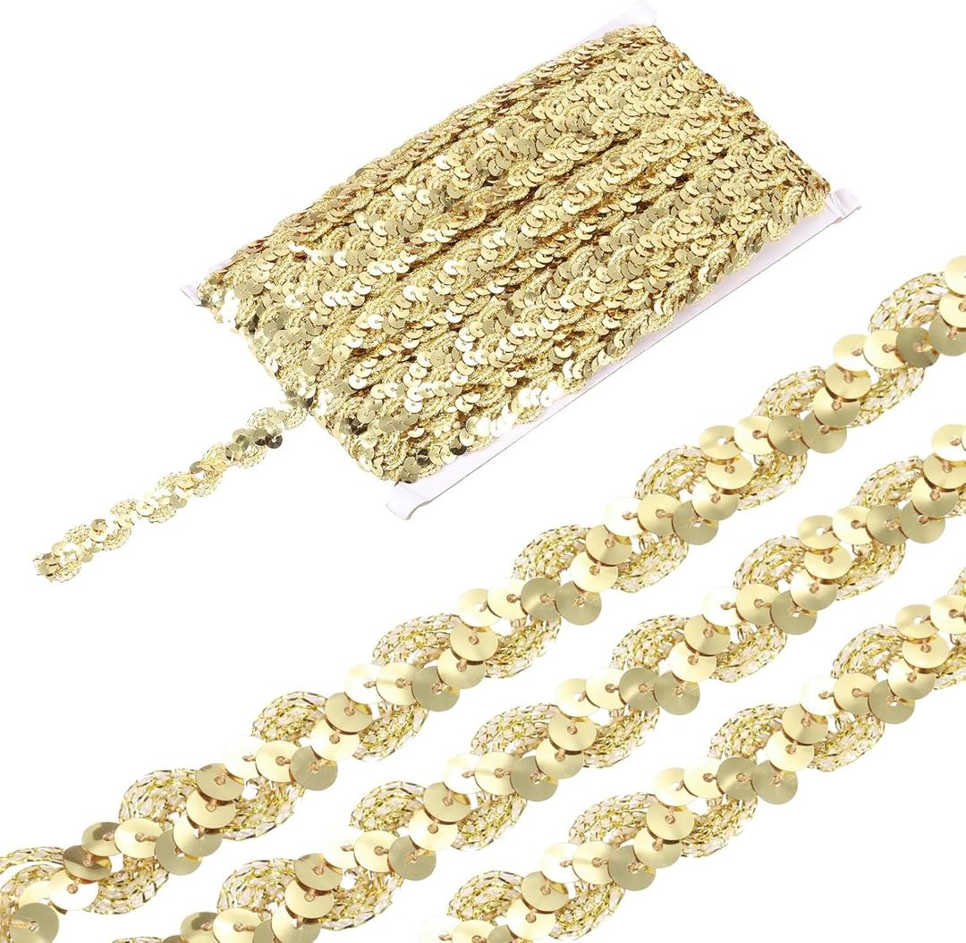 MECCANIXITY 27 Yard Sequins Beaded Lace Trim 0.6 Inch Wave Sequin Braid Trim Strip Paillette Ribbon for Crafts, Embellishments, DIY Sewing Costume, Gold