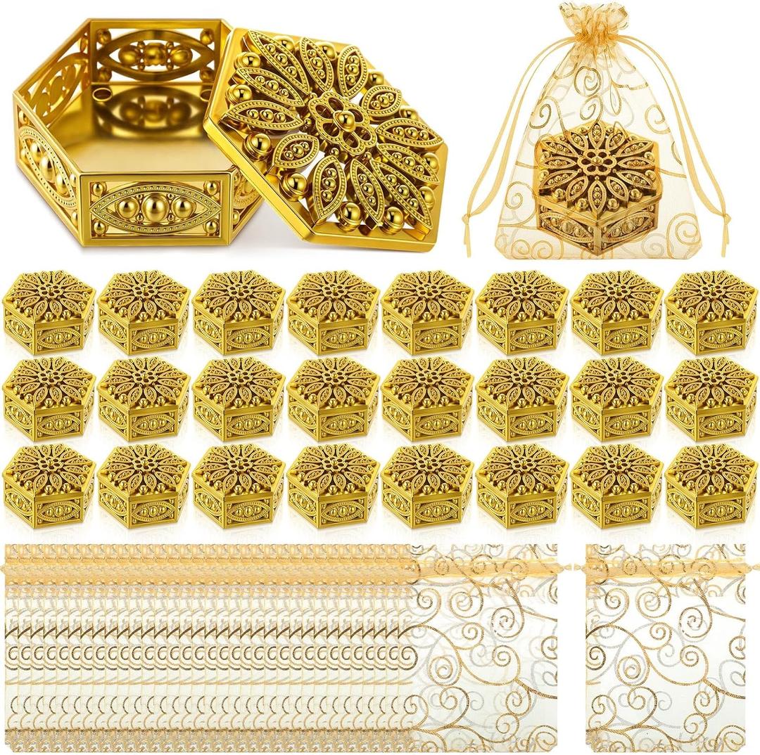 Yexiya Indian Return Gifts for Pooja Hollow Out Hexagon Candy Boxes Golden Hexagon Box Storage Boxes Indian Festival Favor Return Gifts for Diwali Pooja Wedding House Warming(30 Pack,Hexagonal Style)