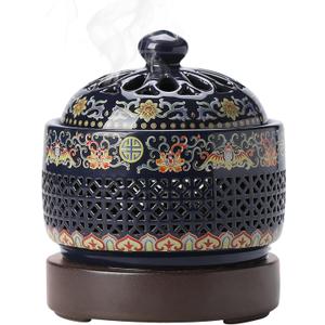 Ceramic Holder Electric Incense Burner Enamel Built-in LED Lights Simulate Flames, Classical, Elegant and High-end Hollow Design
