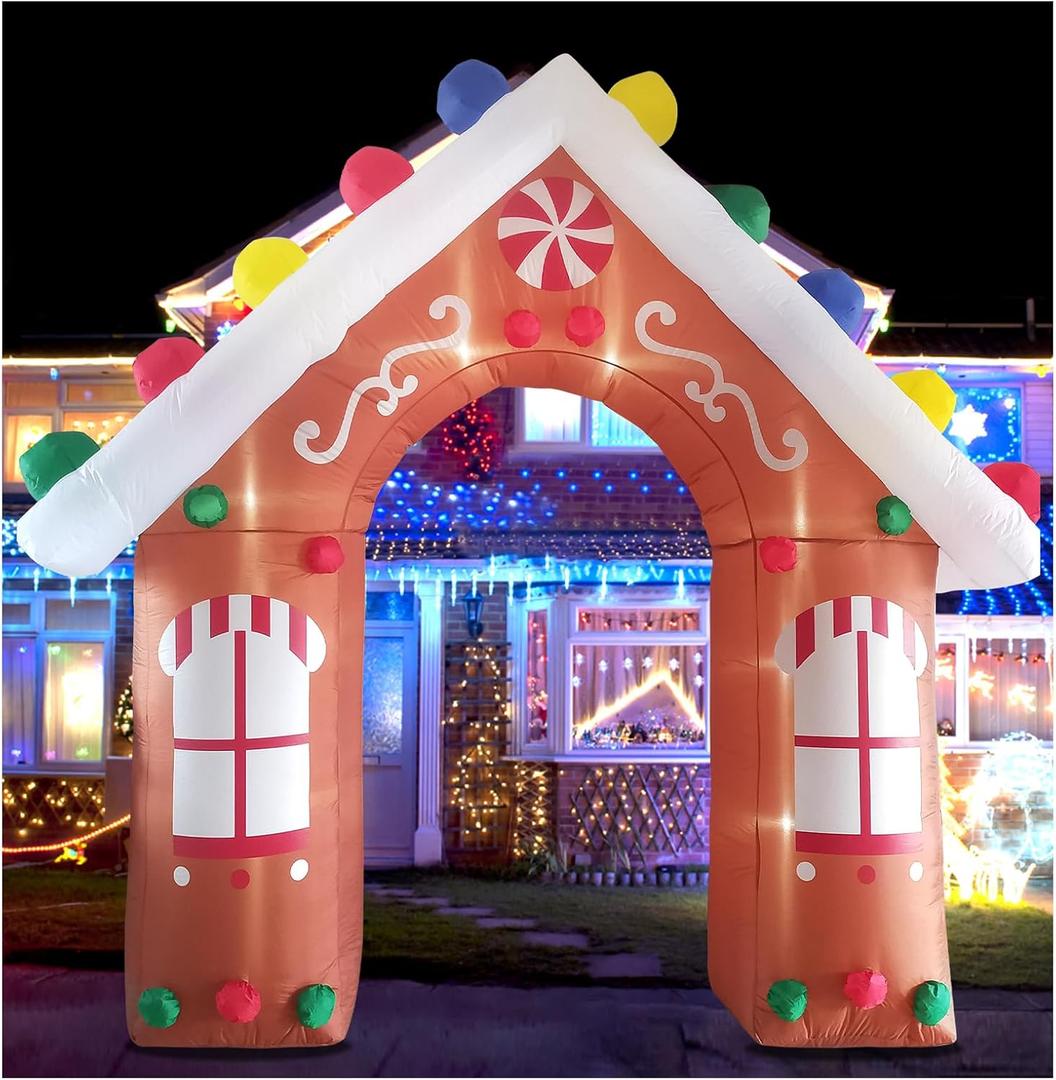 10FT Christmas Inflatables Gingerbread House Archway Outdoor Decorations, Giant Christmas Arch Blow Up Yard Decorations with LED Lights Built-in