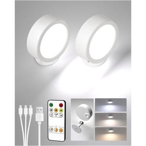 EZVALO LED Wall Mounted Lights, 2 Pack 5500mAh Rechargeable Wall Sconces Lamp, 3 Color Temps & Remote and Touch Control, 360°Rotation Dimmable Cordless Wall Light for Bedroom Reading Study (White)