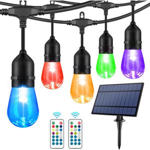 48FT Solar Outdoor RGB String Lights, 15+3 Waterproof Shatterproof LED Bulbs Dimmable Patio String Lights with Remote, Commercial Solar String Light for Patio Yard