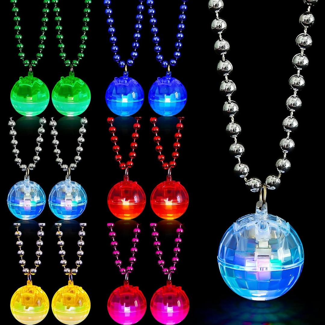 Sasylvia 12 Pcs Christmas LED Disco Ball Necklaces Light up Bead Necklaces 70s Disco Party Favors Glow in The Dark Bead Jewelry Costume Accessories for Xmas Party Dance Supplies(Multicolor)