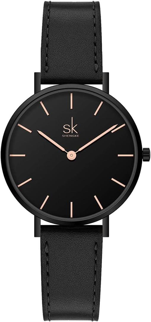 SHENGKE SK Ultra Thin Minialist Women Watches Simple Two Hands Ladies Dress Watch Leather Strap (Black)
