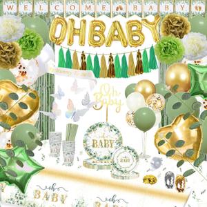 223Pcs Sage Green Baby Shower Decorations, "OH BABY" Banner, Balloon, Sash, Cake Topper for 25 Guests, Neutral Baby Shower Decor Supplies- Disposable Dinnerware Set With Eucalyptus Leaf