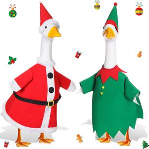 2 Set Christmas Goose Outfit Lawn Porch Goose Clothes Christmas Costume for Geese Xmas Patio Yard Outdoor Decor(23 Inch,Elf, Santa) (L)