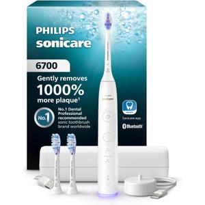 Philips Sonicare 6700 Series Electric Toothbrush - Next-Generation Sonicare Technology, Pressure Sensor, 9 Brushing Settings, SmarTimer, BrushPacer, 21-Day Runtime, Travel Case, White, HX7410/07,  Pearl White, 1 Count (Pack of 1). Only 2 Brushes Present.