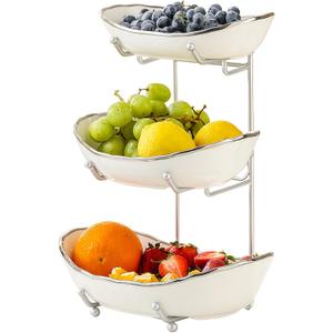 Ceramic Fruit Bowl for Kitchen Counter - 3 Tier Fruit Basket with Metal Stand, Tiered Fruit Stand for Countertop, Snack, Nuts, Cake, Dessert, Cute (Silver-rimmed, Small) S1