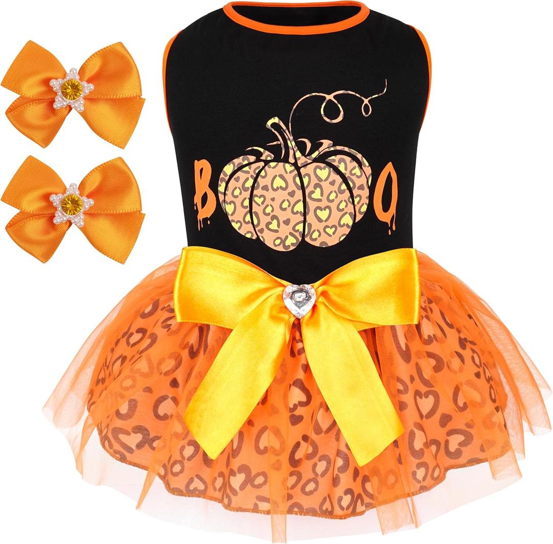 cyeollo Halloween Dog Dress Boo Cute Leopard Print Pumpkin Holiday Outfit Clothes Girl Party Tulle Dog Dresses for Small Dogs (Large)