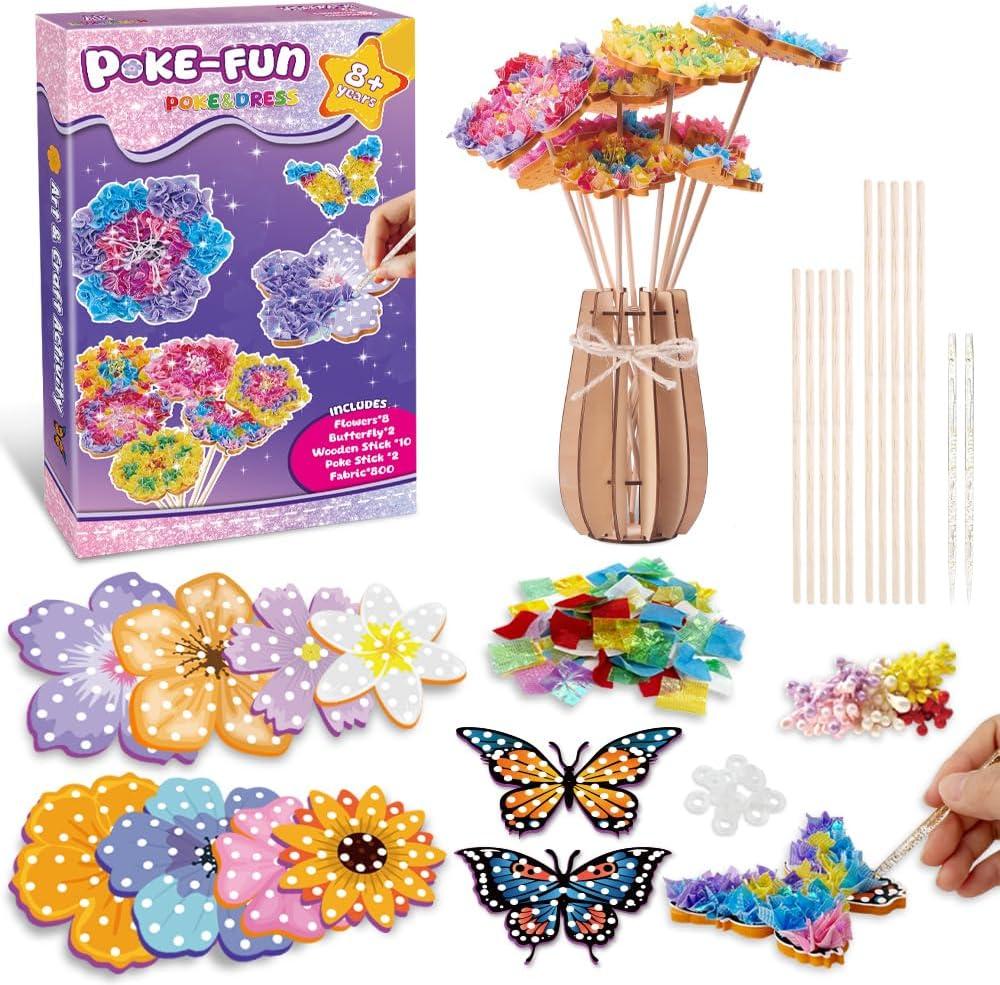 FORESTDREAM DIY Push-in Flower Bouquet Craft Kit, Creative Arts & Crafts Toys for Girls Ages 4-12, Fun Activity with 8 Flowers & 2 Butterflies, Perfect Birthday
