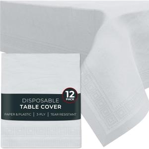 Paper Tablecloths for Rectangle Tables | 54" X 108"  12 Pack | White Paper Disposable Tablecloth | 3-Ply Premium Paper & Plastic Table Cloths for Parties Disposable