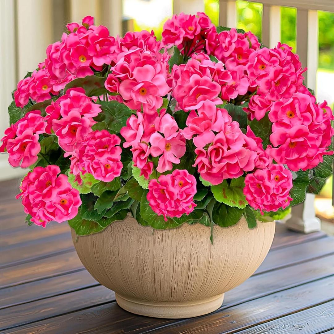 Artificial Geraniums Flowers for Outdoors Summer Decor, 4 Bundles UV Resistant Fake Geraniums Flowers Silk Faux Plants for Home Planter Gardens Table Patio Porch Indoor Spring Cemetery Decor(Pink)