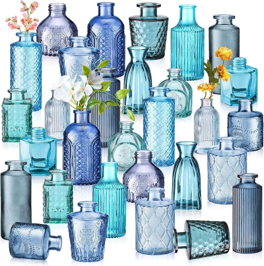 Yaomiao 30 Pcs Vases Bulk Colored Flower Glass Bud Vases Valentine Vintage Colored Glass Bottles Colorful Rustic Embossed for Home Wedding Table Decorations Gifts(Blue Series)