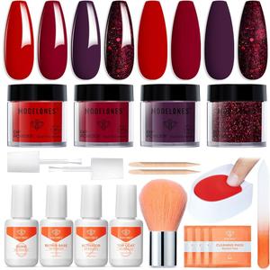 Modelones Dip Powder Nail Kit, 4 Colors Red Purple Glitter Dipping Starter Set with Liquid and Accessories for French Nails Art Salon DIY at Home Manicure