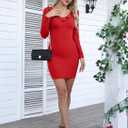 Valiamcep Women's Mini Dress V Neck Ruffle Long Sleeve Ribbed Slim Fitted Bodycon Pencil Dresses (Red, S)