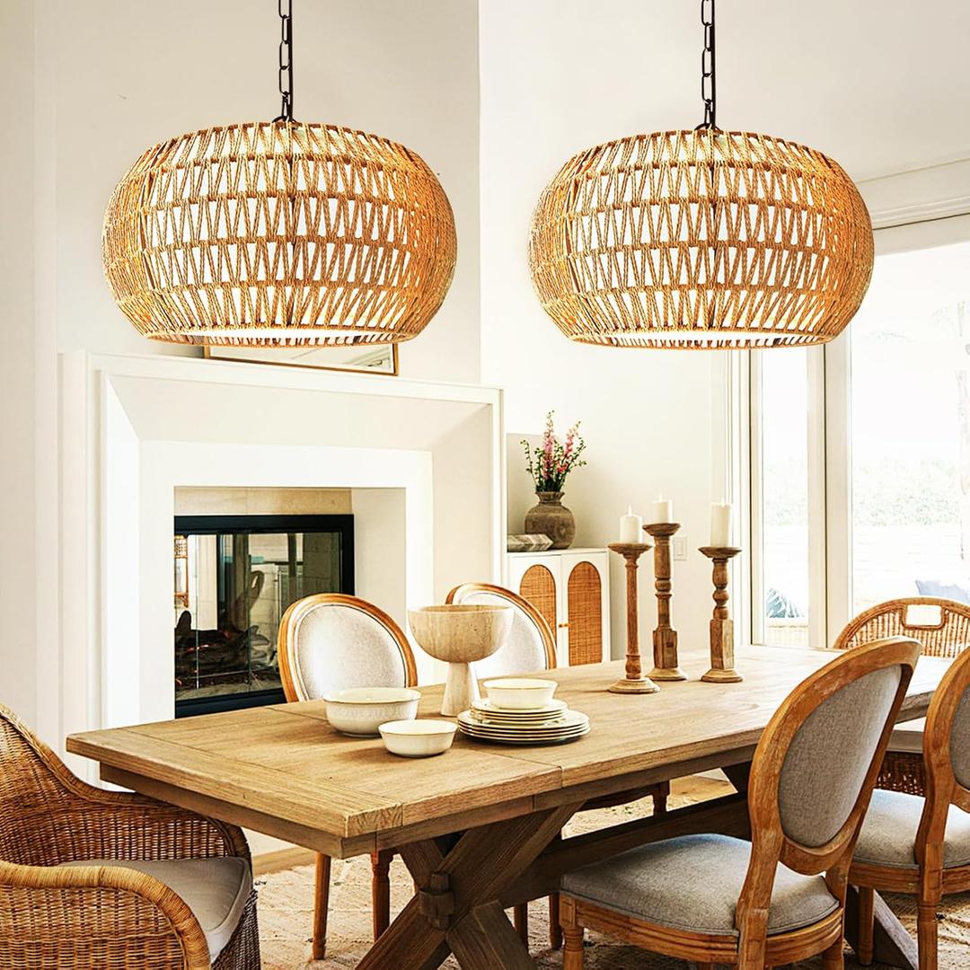 2 Pack Boho Rattan Chandelier for Dining Room 5-Lights Farmhouse Chandelier, 19 Inch-round-2pc