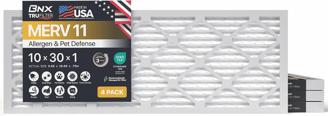 BNX TruFilter 10x30x1 Air Filter MERV 11 (4-Pack) - MADE IN USA - Allergen Defense Electrostatic Pleated Air Conditioner HVAC AC Furnace Filters for Allergies, Dust, Pet, Smoke, Allergy MPR 1200 FPR 7