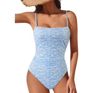 SUUKSESS Women Sexy Tummy Control One Piece Swimsuits Square Neck Bathing Suits (Small, 62 Blue Ditsy Floral)