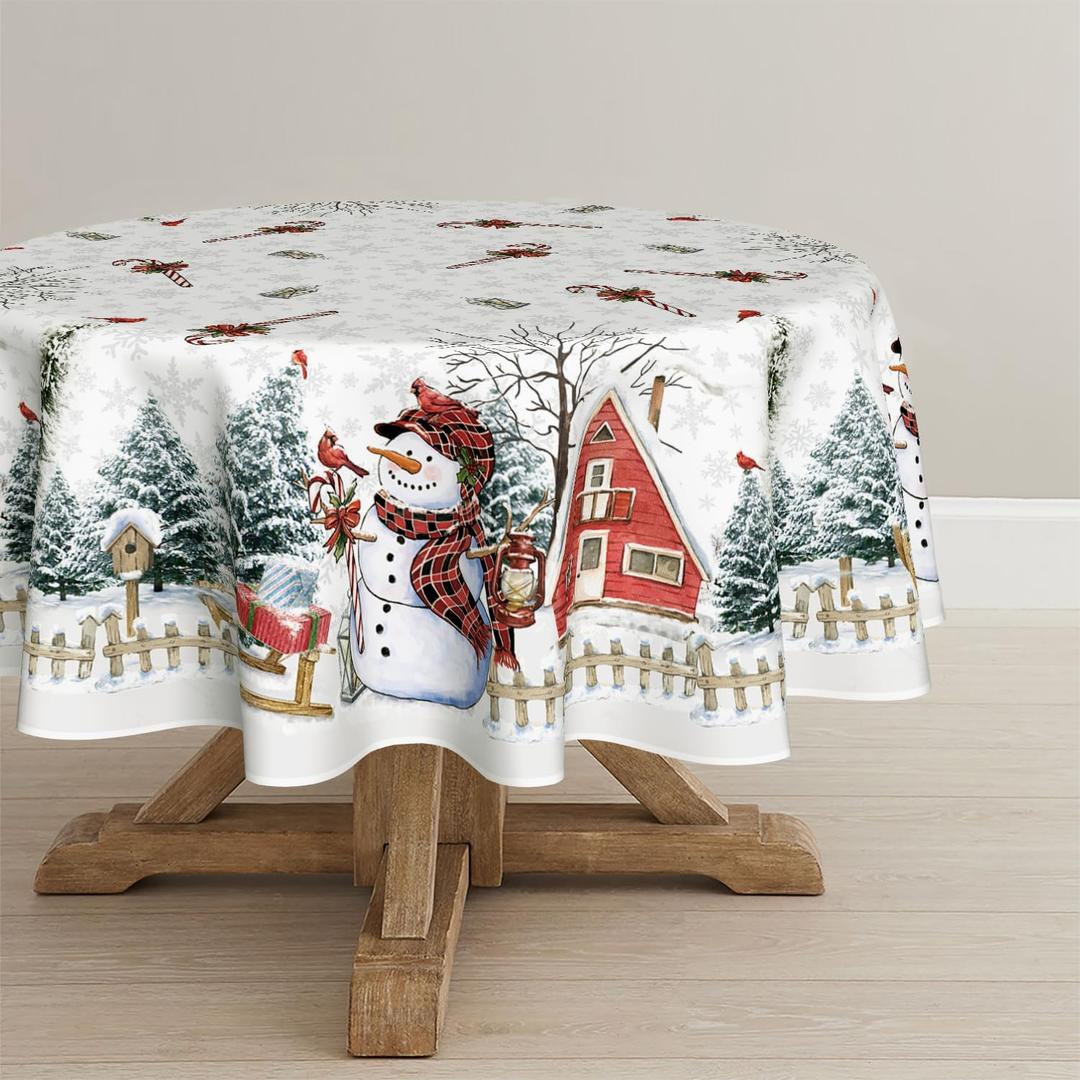Horaldaily Christmas Tablecloth 7070 Inch Round, Winter Snowman House Christmas Trees Whirte Washable Table Cover for Party Picnic Dinner Decor (White)