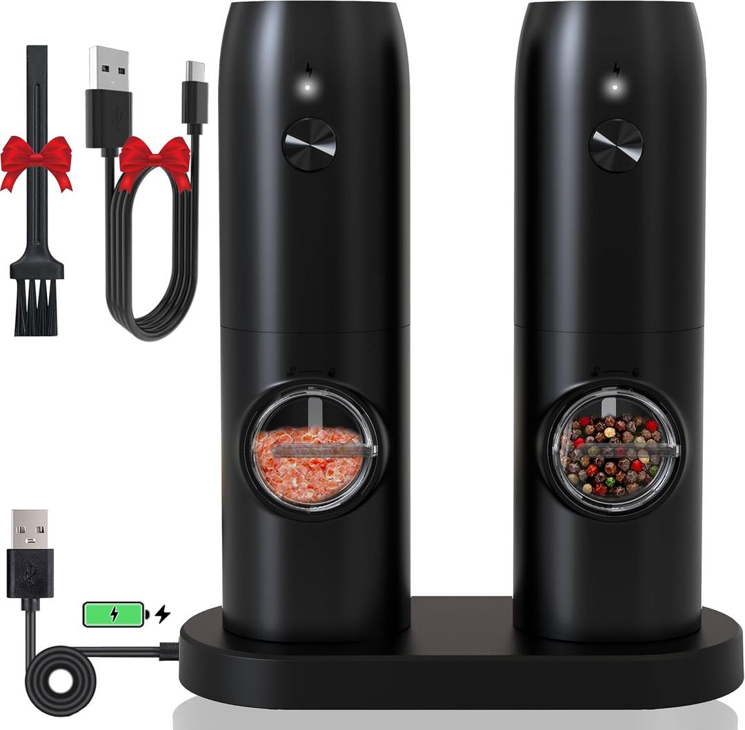 Electric Salt and Pepper Grinder Set - USB Rechargeable,LED Light,Adjustable Coarseness,TEITOP Automatic Pepper and Salt Mill Grinder Set with Charging Base(Black 2 Mills)