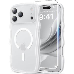 Magnetic for iPhone 17 Pro Max Case, Cute Wavy [Full Camera Protection][Fit for MagSafe] 1X Screen Protector + 1X Wrist Strap, Trendy Matte Women Girly Case for iPhone 17 Pro Max 6.9", Frosted White