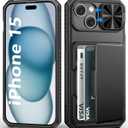 for iPhone 15, iPhone 14, iPhone 13 Wallet Case with Card Holder(4-5 Cards), Slide Camera Cover, Military Drop & RFID Protection, Heavy Duty Women Men Phone Case for iPhone 15/14/13, Black