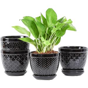 Sureasy Ceramic Indoor Plant Pots - 5.6 Inch Flower Pots for Plants with Drainage Hole and Saucer, Embossed Planter for Succulents, Orchid, Cactus, Indoor Home Decor, Set of 4, Black