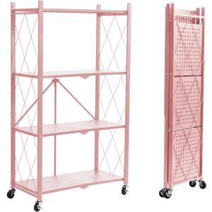 BRIAN & DANY 4-Tier Foldable Storage Shelves with Wheels, Folding Metal Rack Shelving Unit, Heavy Duty No Assembly Organizer Shelf for Garage, Kitchen, Basement, Pantry, Pink