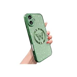 Magnetic for iPhone 16 Case, Compatible with MagSafe, Wireless Slim Clear Aesthetic Shockproof Protective Cover for Women Girl - Green Art Butterfly