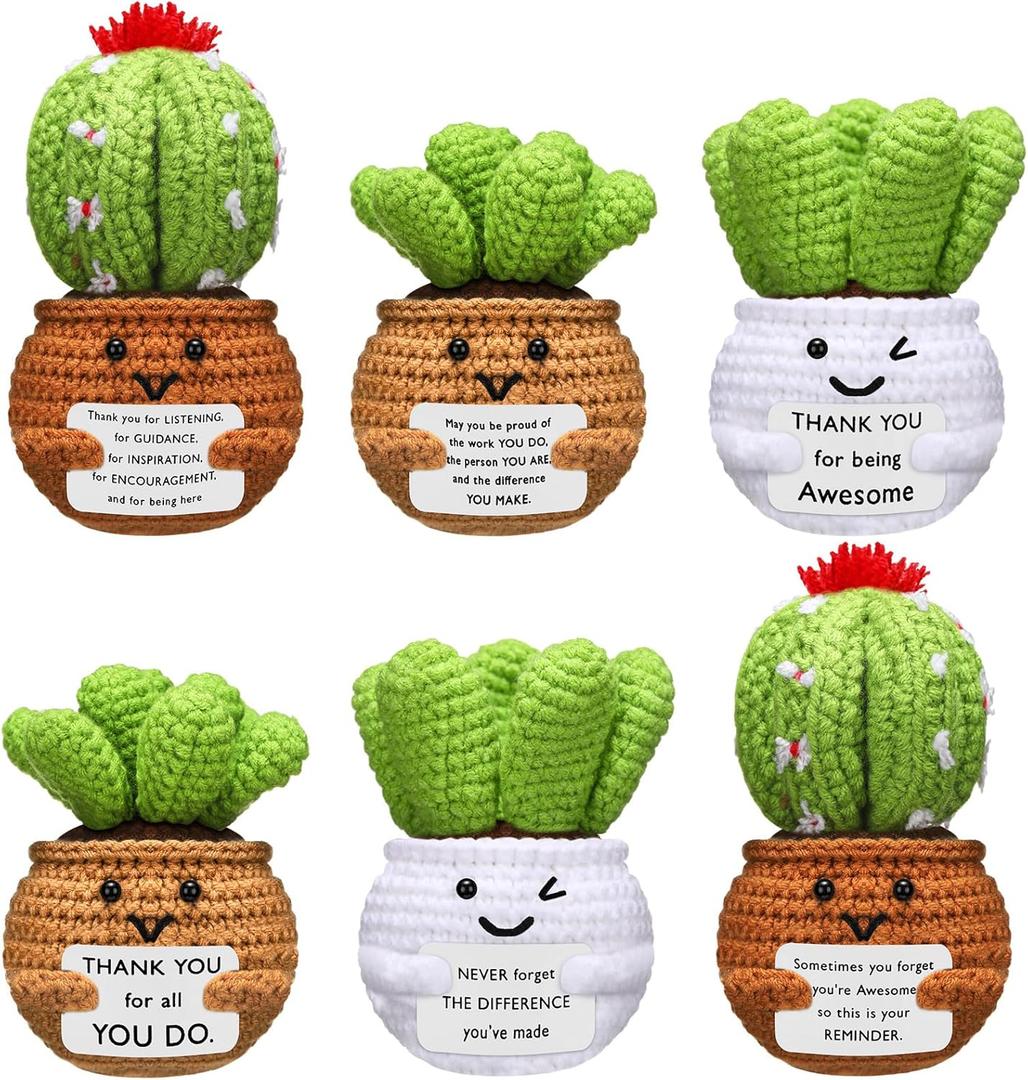 Wavwavw 6 Pcs Employee Appreciation Gifts Bulk Valentines Day Gift for Team Thank You Positive Handmade Crochet Doll with Inspirational Card for Coworker Women Men Office Staff(Cactus)