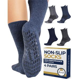 Pembrook Non Slip Crew Grip Socks Men & Women - 4 Pairs | Non Slip Socks for Elderly, Hospital, Pilates, Yoga, Barre, Home, XL