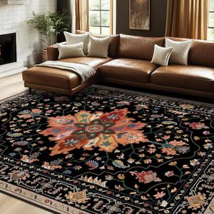 Area Rugs 8'x10' Washable Non-Slip, Floral Vintage Distress Print Pattern Medallion Carpet for Living Room Bedroom Dining Room, Black Colorful Floral Dark Tan