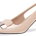 Women's Low Heel Slingback Pumps Square Toe Buckle Patent Leather Elegant Comfortable Dress Shoes (8, Nude)