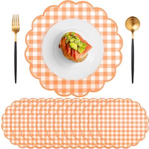 60 Pcs Orange and White Gingham Paper Placemats, 13.5 Inch Disposable Picnic Placemats Scalloped Checkered Place Mats Table Decorative for Picnic Table Setting BBQ Birthday Banquet Outdoors Party