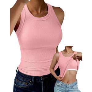 GKBK Tank Top for Women Built in Bra High Neck Ribbed Basics Tops Racerback Fitted Bra Tanks Pink XL (Pink, XL)