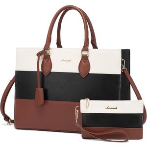 LOVEVOOK Laptop Tote Bag for Women, 15.6 Inch Work Bags, Waterproof Computer Bags with Clutch Purse, Large Capacity Messenger Bag for Teacher College Business Office (Beige-black-brown)