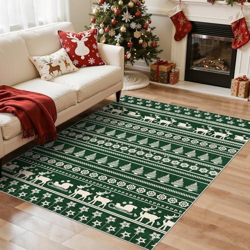Abstract Living Room Rug 5X7 - Modern Washable Christmas Soft Thin Area Rug for Living Room Bedroom Under Dining Table - Neutral Indoor Floor Rug Carpets for Home Office Playroom Nursery - Dark Green